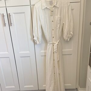 Maeve White Button-Front Maxi Shirt Dress with Tie Waist